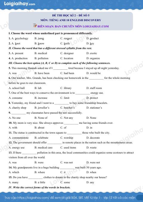 Đề thi học kì 2 Tiếng Anh 10 English Discovery - Đề số 5